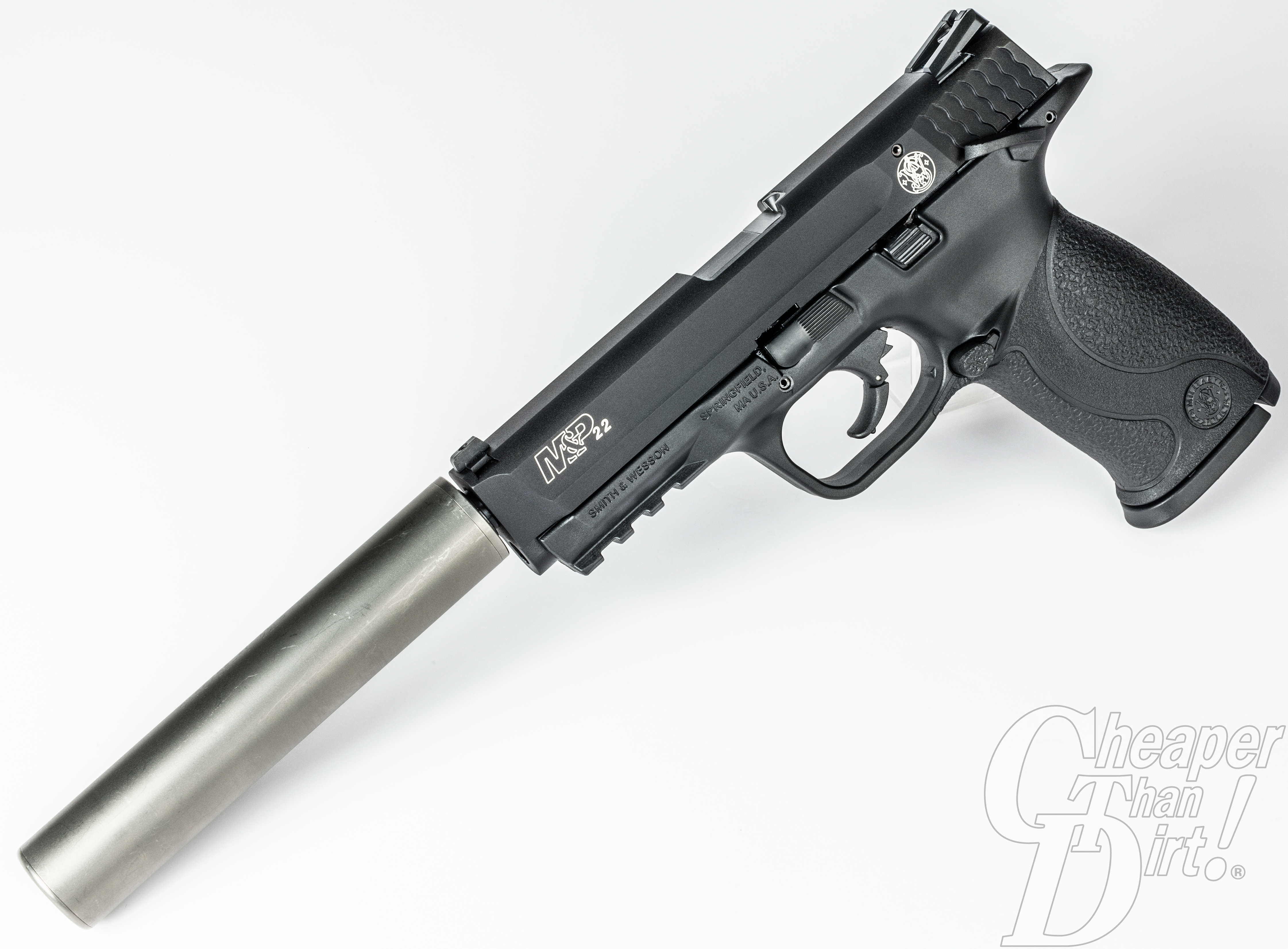 The Smith & Wesson M&P 22 with a Cascade Ti suppressor. 